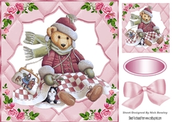 cute christmas teddy with pink roses quilted card front in 8x8 frame
