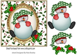 snow ball fight with elf in holly frame 7x7