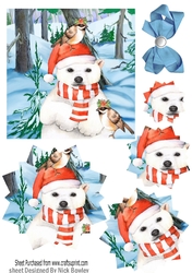 Lovely polar bear with robins in the snow, with snowflake pyramids