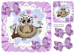 Cute owl sitting in a nest in frill frame with purple bows 7x7