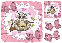 Cute owl  sitting in a nest in frill frame with pink bows 7x7