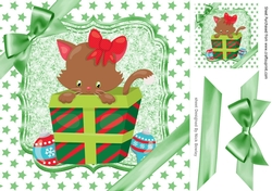 Cute kitten in christmas gift with bow and green stars 8x8