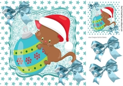 Cute kitten with bauble with turq bow and turq stars 8x8