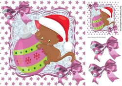 Cute kitten with bauble with pink bow and pink stars 8x8
