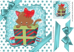 Cute kitten in christmas gift with bow and turq stars 8x8