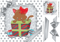Cute kitten in christmas gift with bow and silver stars 8x8