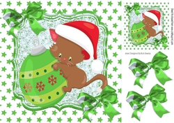 Cute kitten with bauble with green bow and green stars 8x8