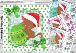 4 Cute kittens with christmas baubles with bow, card fronts and stars 8x8 mini kit