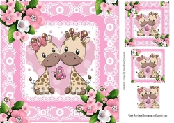 Cute pair of giraffes in lace frame with pink roses 8x8