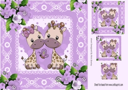 Cute pair of giraffes in lace frame with purple roses 8x8