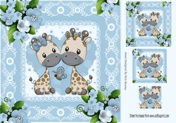 Cute pair of giraffes in lace frame with blue roses 8x8