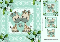 Cute pair of giraffes in lace frame with turq roses 8x8