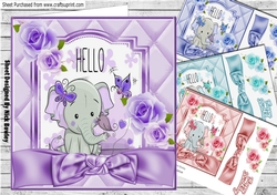 4 Cute eles with little birds and bows card fronts 7x7 mini kit