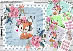 4 Cute foxy lady with painted roses with frills & stars card fronts 8x8 mini kit