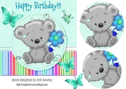 Cute little grey teddy bear with flower 7x7 (turq)