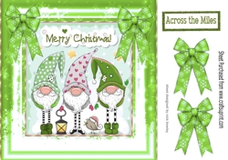 Trio of santas elves with bows and little robin 8x8 (green)
