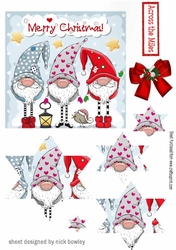 Trio of santas elves with bow and star pyramids (blue)