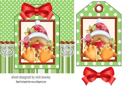 Robin on a christmas tag , stripes and bow 7x7