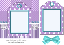 purple spot/stripe & lace with tag & bow card front 7x7