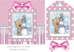 bear and snowman on a christmas tag , pink stripes and bow 7x7