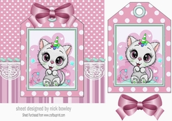 White kitty with party hat on a tag pink stripes and bow 7x7