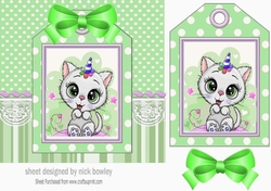White kitty with party hat on a tag , green stripes and bow 7x7