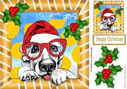 dog in santa hat with holly in gold striped frame 8x8