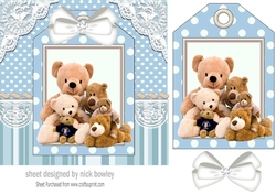Cute teddy bears with white bow on a tag, blue striped 7x7 frame