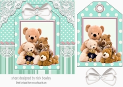 Cute teddy bears with white bow on a tag, turq striped 7x7 frame