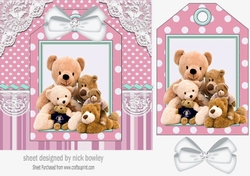 Cute teddy bears with white bow on a tag, pink striped 7x7 frame