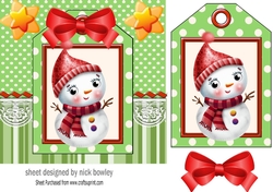 Lovely whimsical snowman on a tag green striped 7x7 frame