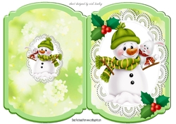 snowman in bobble hat with holly on lace bracket card