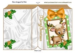 Cute Reindeer with holly on a gold folded book with holly