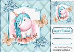 Pretty diamante rose corners with turq quilt frame & pretty unicorn 8x8