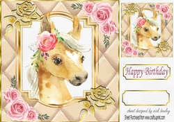 Pretty diamante rose corners with gold quilt card front with horse 8x8