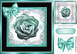 Pretty turq glitter rose in ornate black/gold frame 8x8