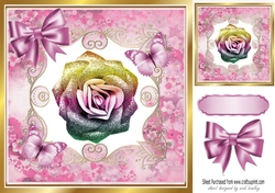 Pretty pink rainbow glitter rose with butterflies in floral frame 8x8