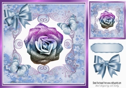 Pretty blue rainbow glitter rose with butterflies in floral frame 8x8