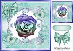 Pretty turq rainbow glitter rose with butterflies in floral frame 8x8
