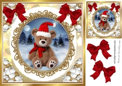 Cute teddy in santa hat in snowball frame with red bows 8x8 (one)