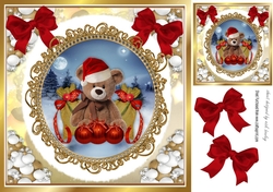 Cute teddy in santa hat in snowball frame with red bows 8x8 (two)