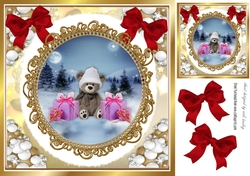 Cute teddy in a hat in snowball frame with red bows 8x8 (three)