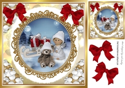 Cute teddy with angel in snowball frame with red bows 8x8 (five))