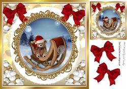 Cute teddy in a sleigh snowball frame with red bows 8x8 (six))