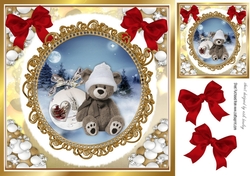 Cute teddy with white bauble in a snowball frame with red bows 8x8 (eight))
