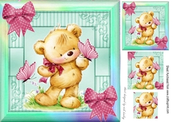 Cute teddy with pink butterflies & bows in rainbow frame 8x8 with pyramids