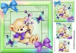 Cute teddy holding flowers with butterflies in rainbow frame 8x8 with pyramids