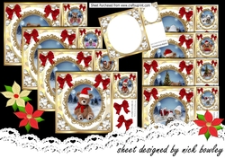 8 Cute teddies in a snowball frame with red bows card fronts 8x8 Bumper Kit
