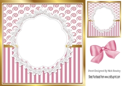 Pretty lace centre and pink stripe/swirls and bow card fronts 8x8