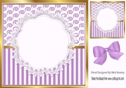 Pretty lace centre and lilac stripe/swirls and bow card fronts 8x8
